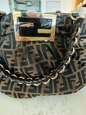 Fendi Black & Brown Zucca Chain-Trim Shoulder Bag